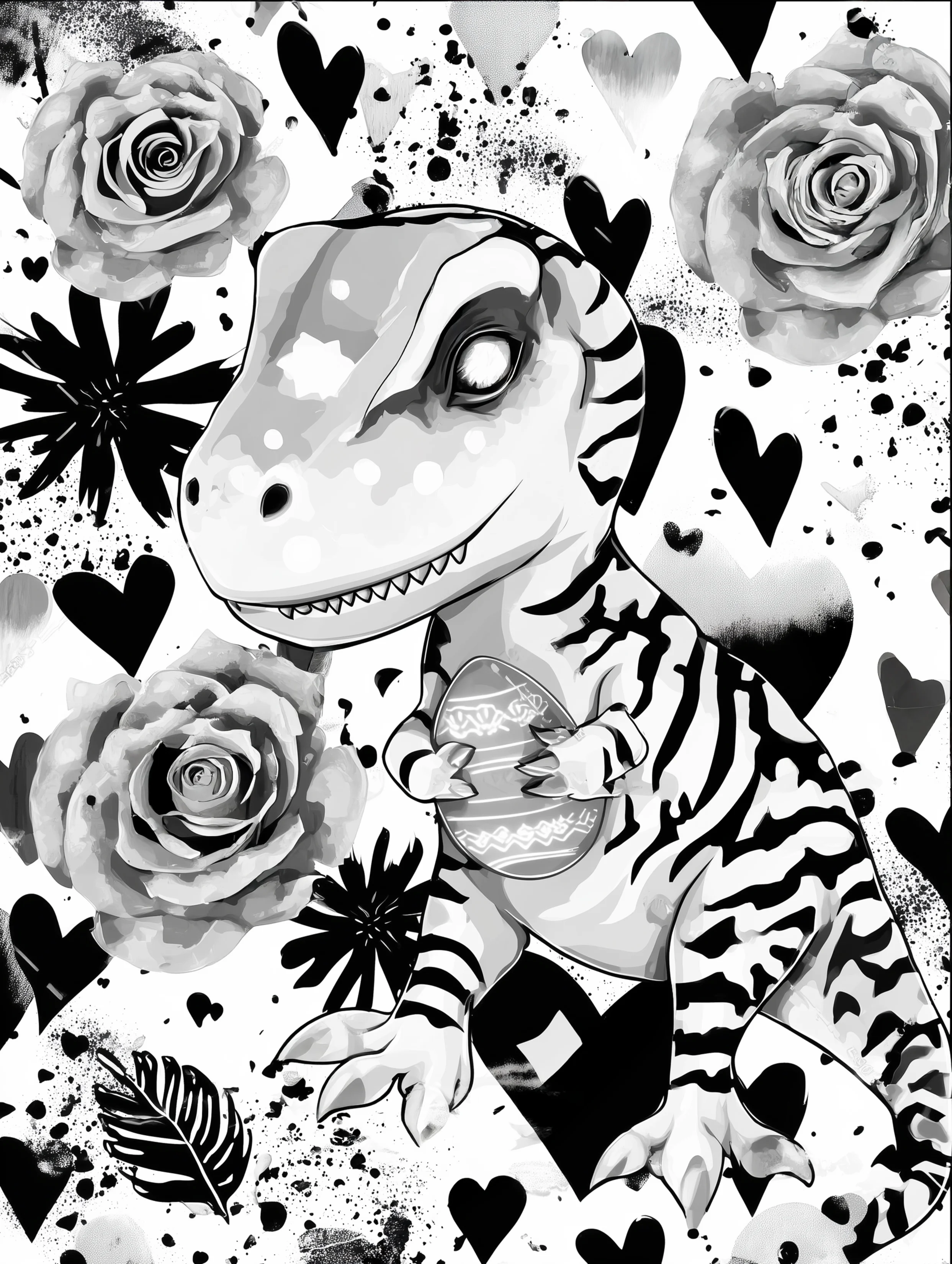 Free printable dinosaur coloring page for adults featuring a t rex hugging an egg